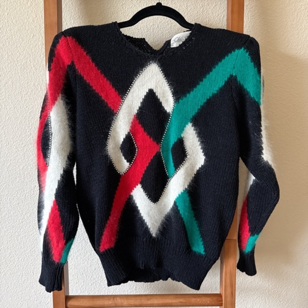 Vintage 1980s Geometric Patterned Sweater - Black, Red, Green